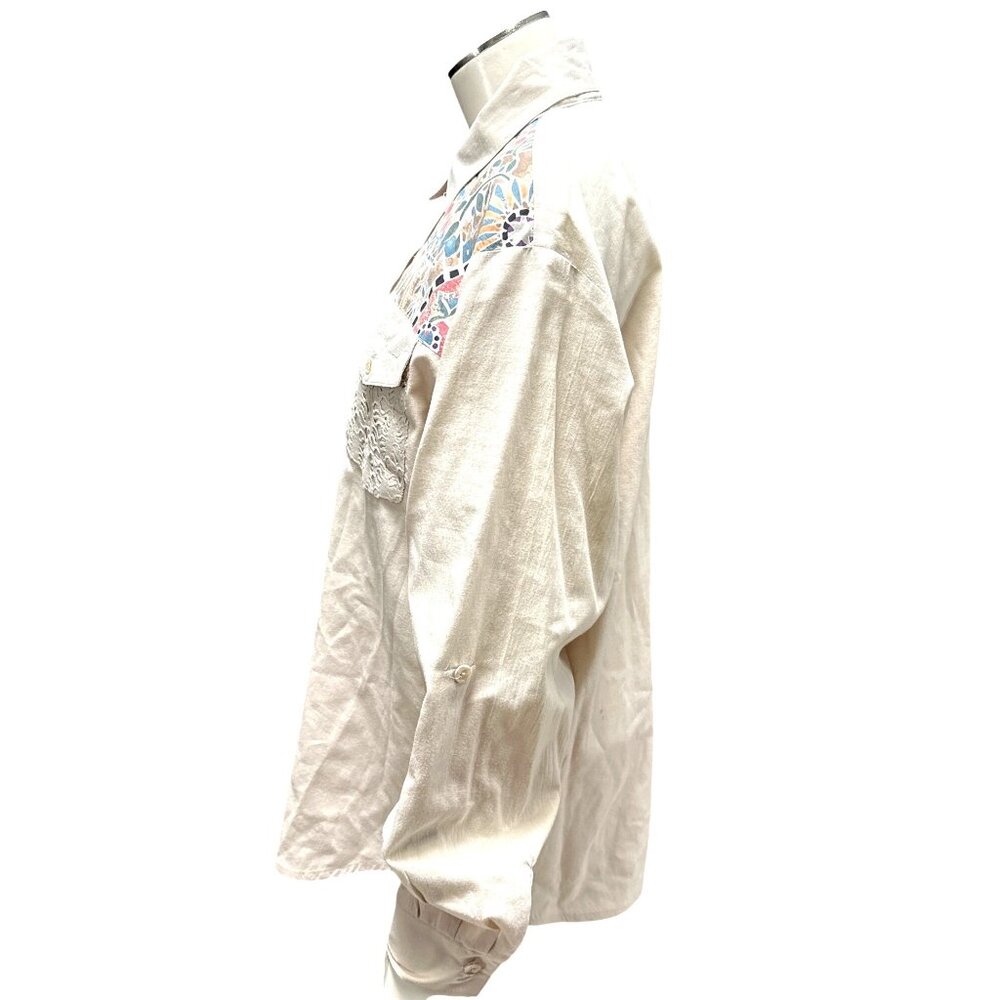 Tapestry Medium Ivory Tan Satin Look Mosaic Yoke Lace Pocket Button Front Blouse - Picture 3 of 10